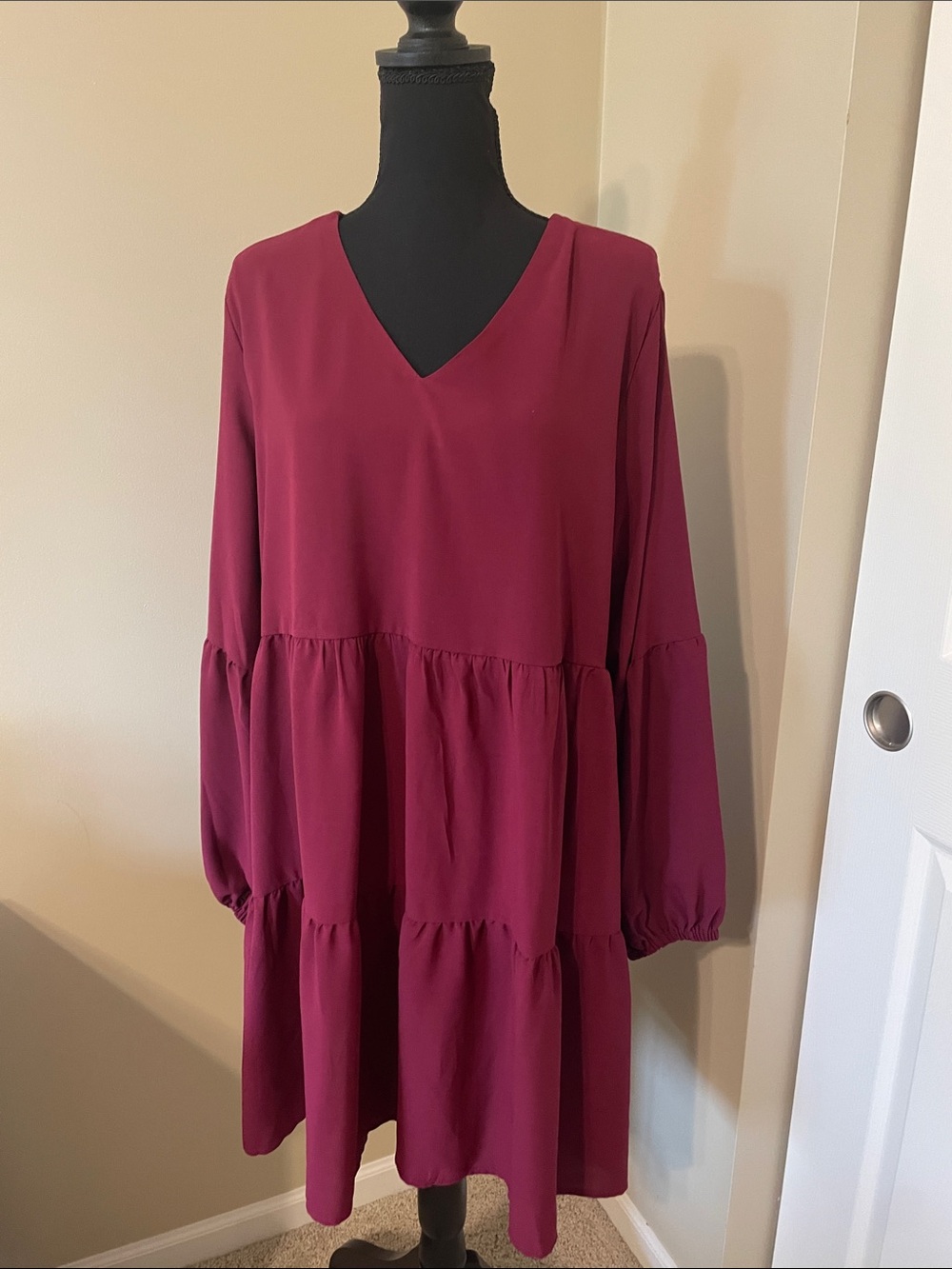 V-Neck Tiered Long Sleeve Dress in Burgundy